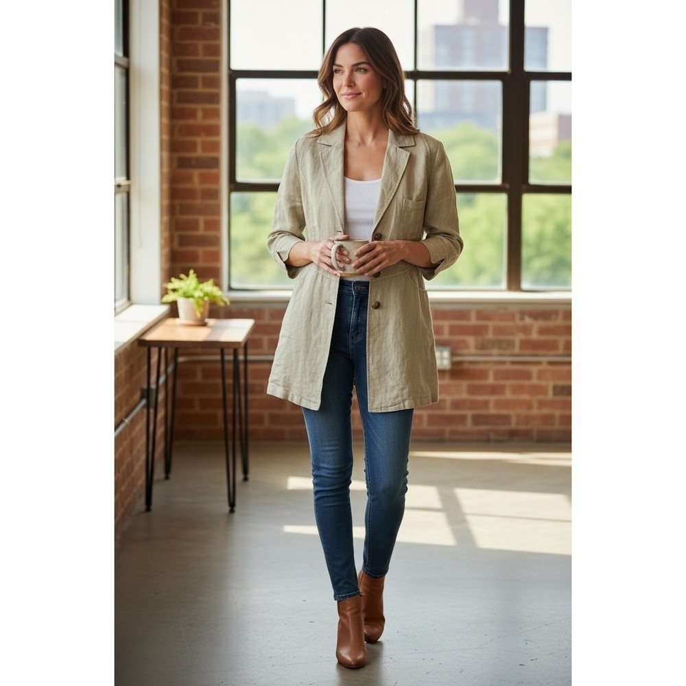 Soft Surroundings Women's XS Longline Blazer 100% Linen Pistachio EUC